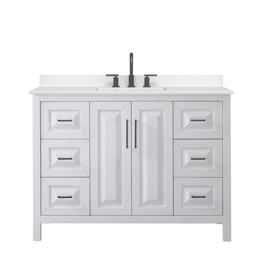 Wyndham Collection Daria 48" Single Bathroom Vanity in White, White Quartz Countertop, Undermount Square Sink (3-Hole), Matte Black Trim