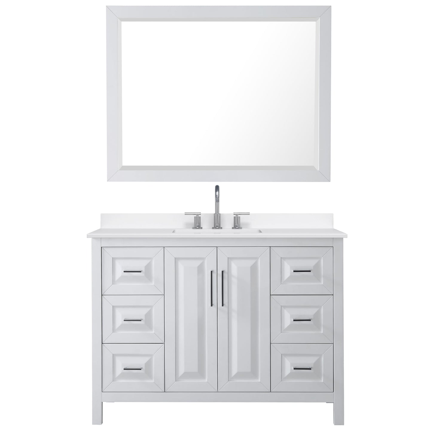 Wyndham Collection Daria 48" Single Bathroom Vanity in White, White Quartz Countertop, Undermount Square Sink (3-Hole), Polished Chrome Trim, 46" Mirror