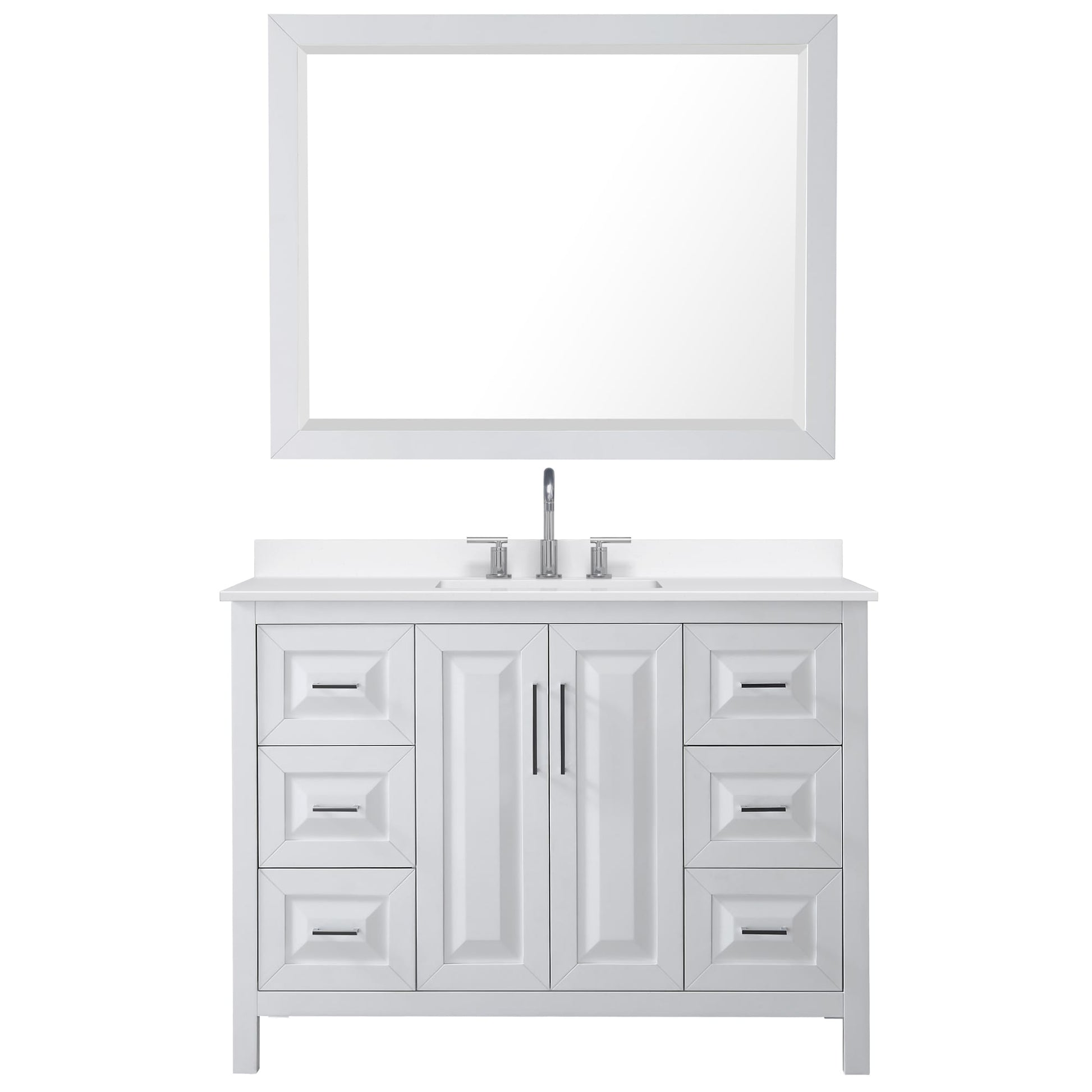 Wyndham Collection Daria 48" Single Bathroom Vanity in White, White Quartz Countertop, Undermount Square Sink (3-Hole), Polished Chrome Trim, 46" Mirror