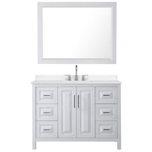 Wyndham Collection Daria 48" Single Bathroom Vanity in White, White Quartz Countertop, Undermount Square Sink (3-Hole), Polished Chrome Trim, 46" Mirror
