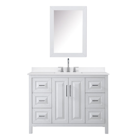 Wyndham Collection Daria 48" Single Bathroom Vanity in White, White Quartz Countertop, Undermount Square Sink (3-Hole), Polished Chrome Trim, Medicine Cabinet