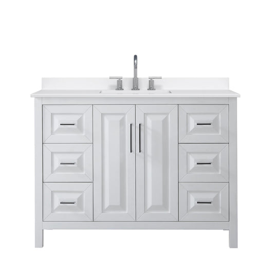 Wyndham Collection Daria 48" Single Bathroom Vanity in White, White Quartz Countertop, Undermount Square Sink (3-Hole), Polished Chrome Trim