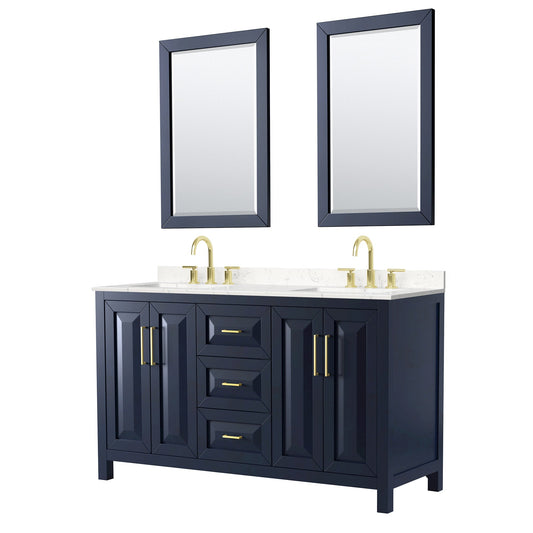 Wyndham Collection Daria 60" Double Bathroom Vanity in Dark Blue, Carrara Cultured Marble Countertop, Undermount Square Sinks (3-Hole), Brushed Gold Trim, 24" Mirrors