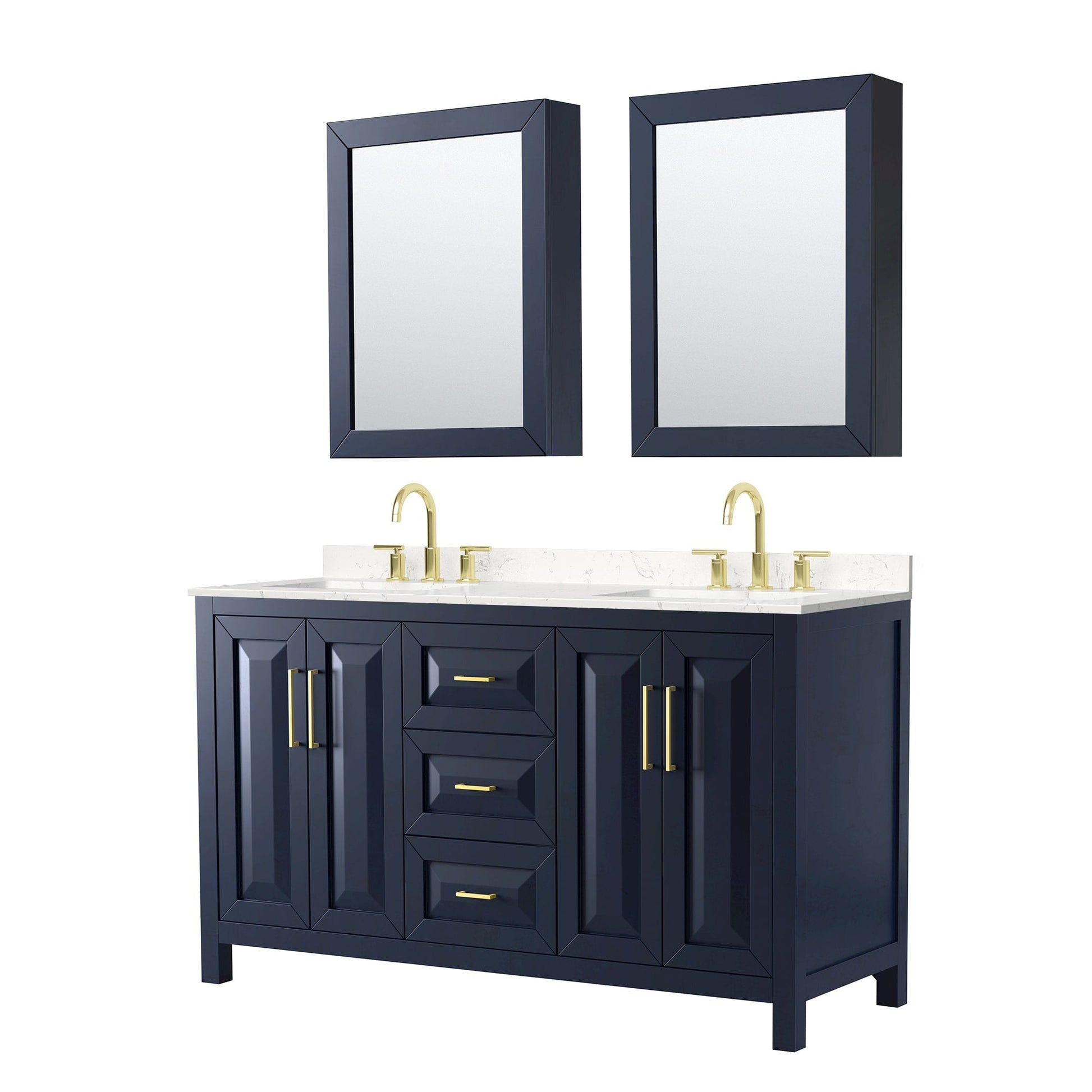 Wyndham Collection Daria 60" Double Bathroom Vanity in Dark Blue, Carrara Cultured Marble Countertop, Undermount Square Sinks (3-Hole), Brushed Gold Trim, Medicine Cabinets
