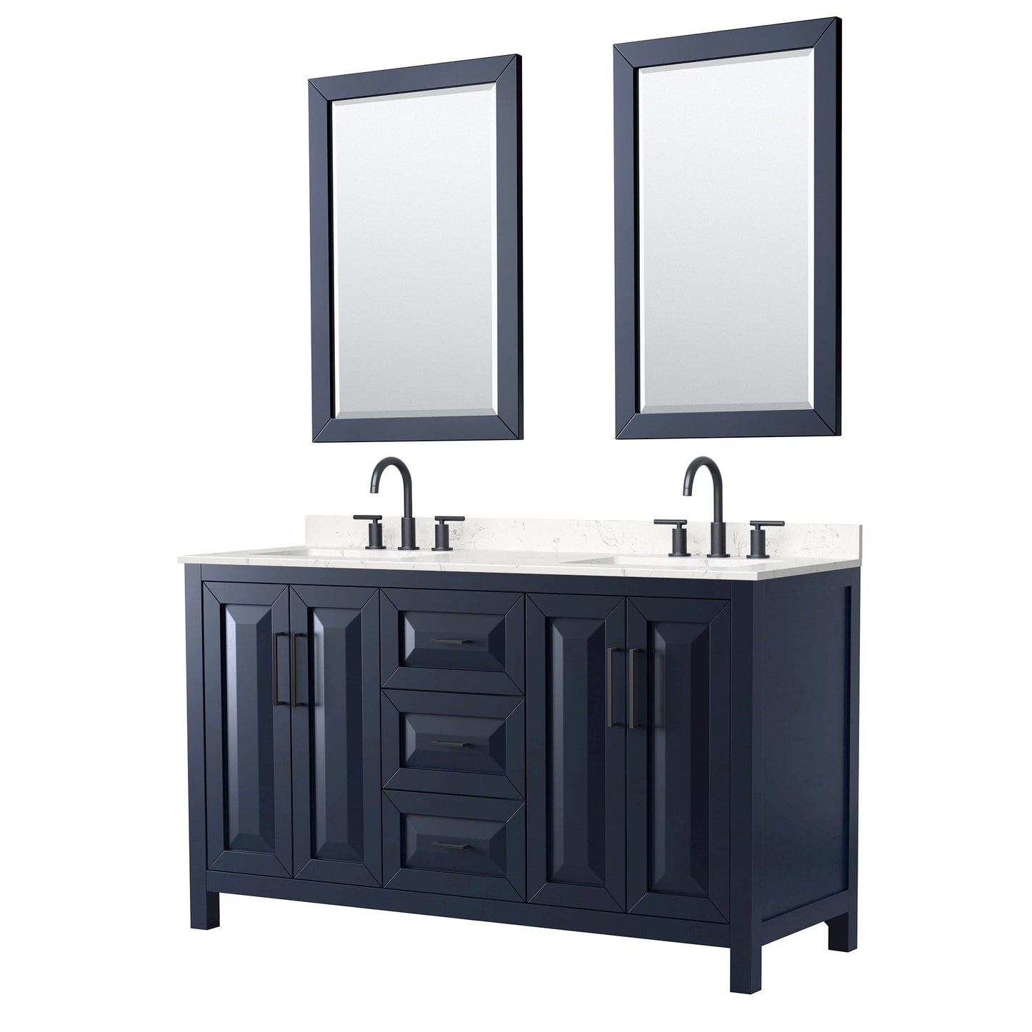 Wyndham Collection Daria 60" Double Bathroom Vanity in Dark Blue, Carrara Cultured Marble Countertop, Undermount Square Sinks (3-Hole), Matte Black Trim, 24" Mirrors