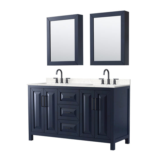 Wyndham Collection Daria 60" Double Bathroom Vanity in Dark Blue, Carrara Cultured Marble Countertop, Undermount Square Sinks (3-Hole), Matte Black Trim, Medicine Cabinets