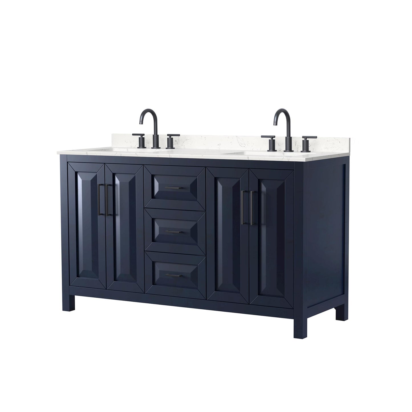 Wyndham Collection Daria 60" Double Bathroom Vanity in Dark Blue, Carrara Cultured Marble Countertop, Undermount Square Sinks (3-Hole), Matte Black Trim
