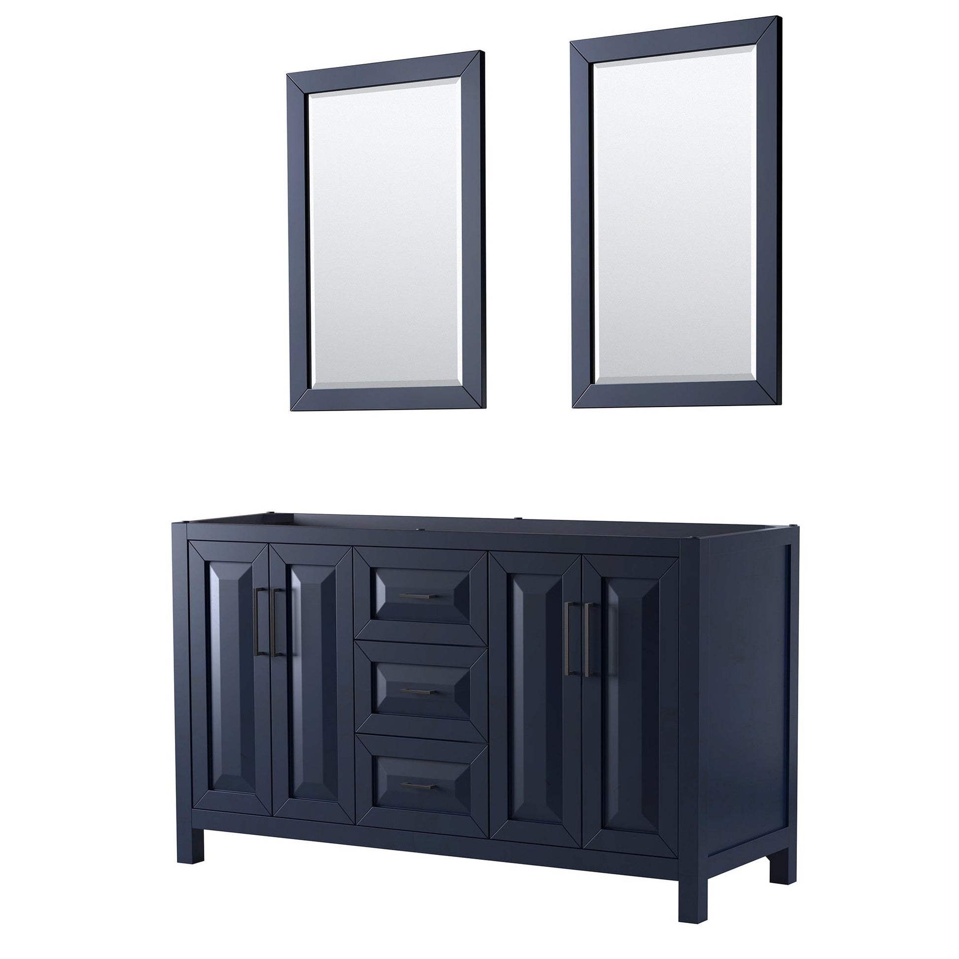 Wyndham Collection Daria 60" Double Bathroom Vanity in Dark Blue, No Countertop, No Sink, Matte Black Trim, 24" Mirrors