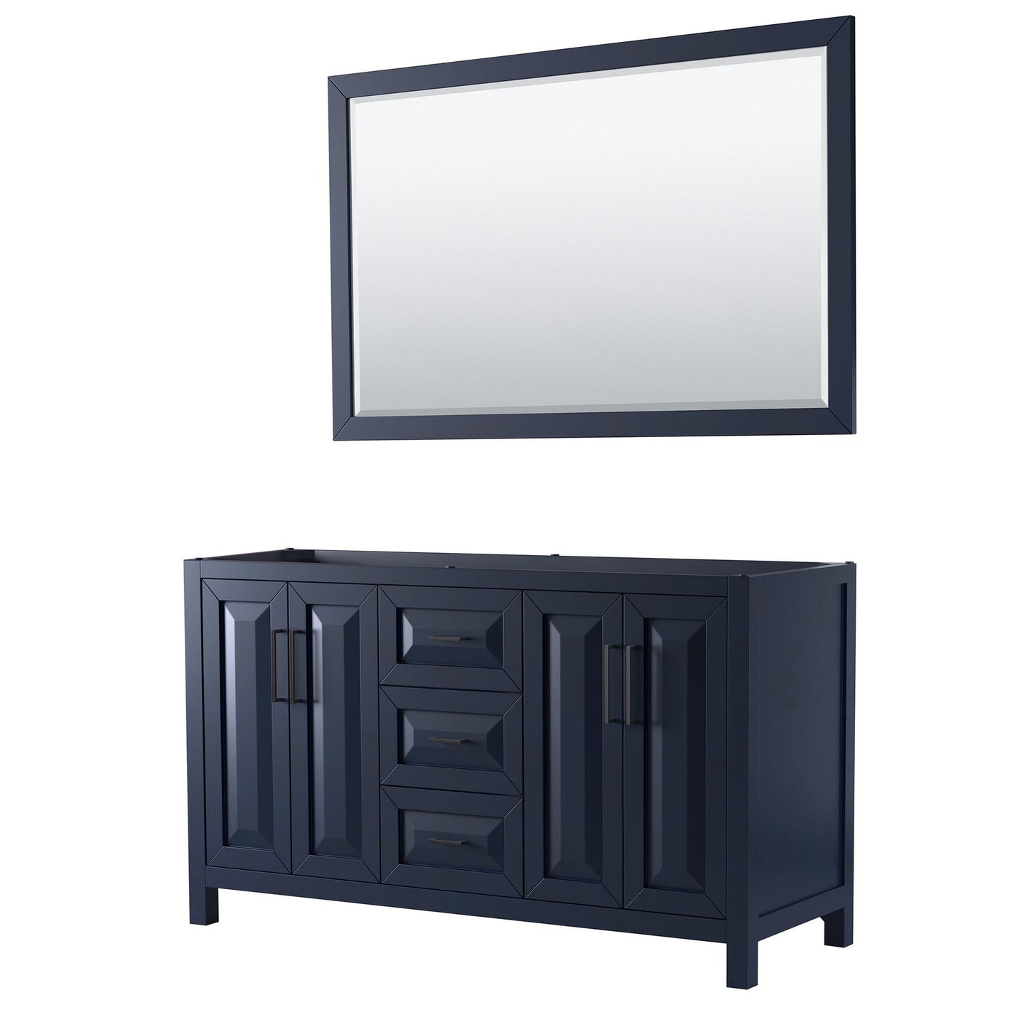 Wyndham Collection Daria 60" Double Bathroom Vanity in Dark Blue, No Countertop, No Sink, Matte Black Trim, 58" Mirror