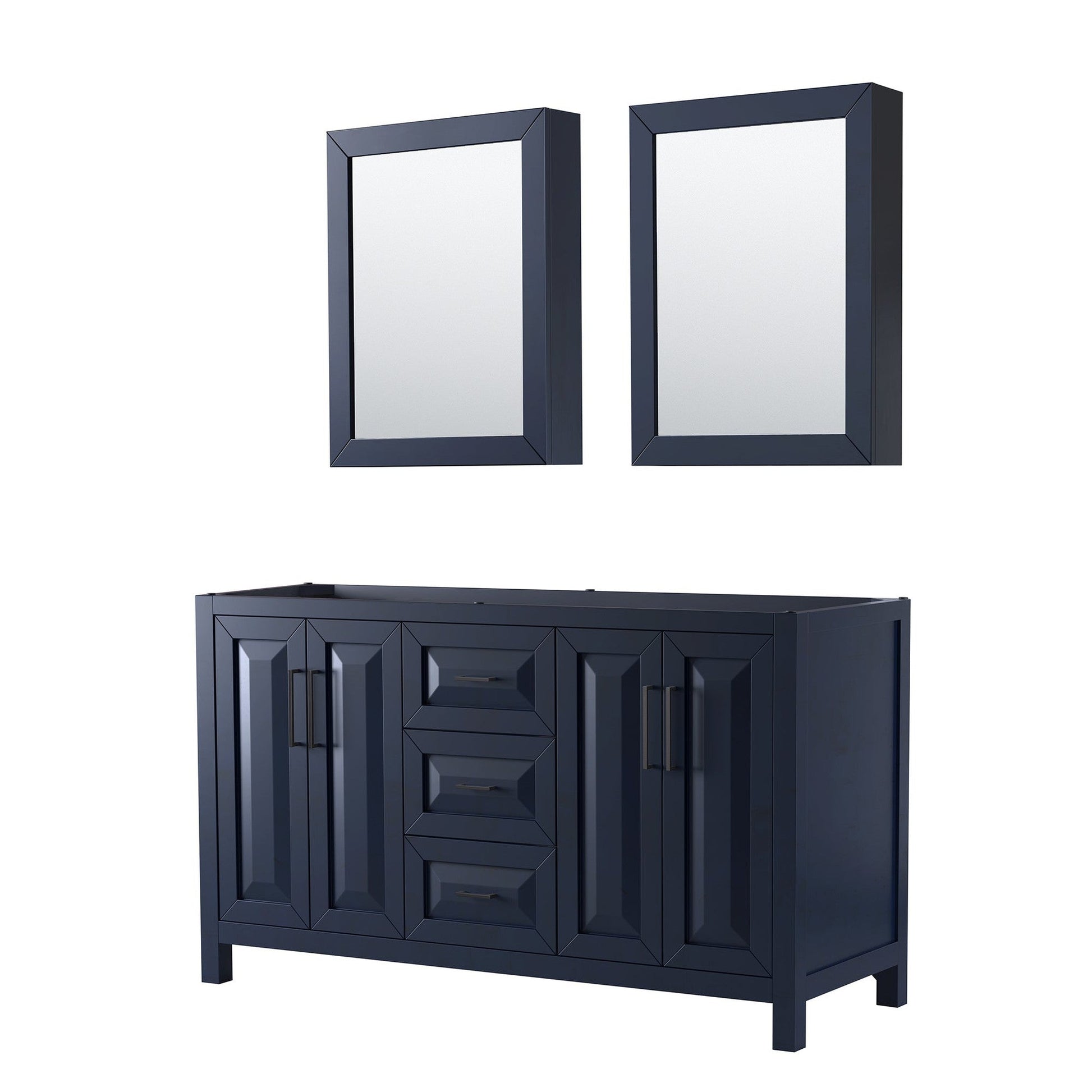 Daria 60" Double Bathroom Vanity in Dark Blue, No Countertop, No Sink, Matte Black Trim, Medicine Cabinets