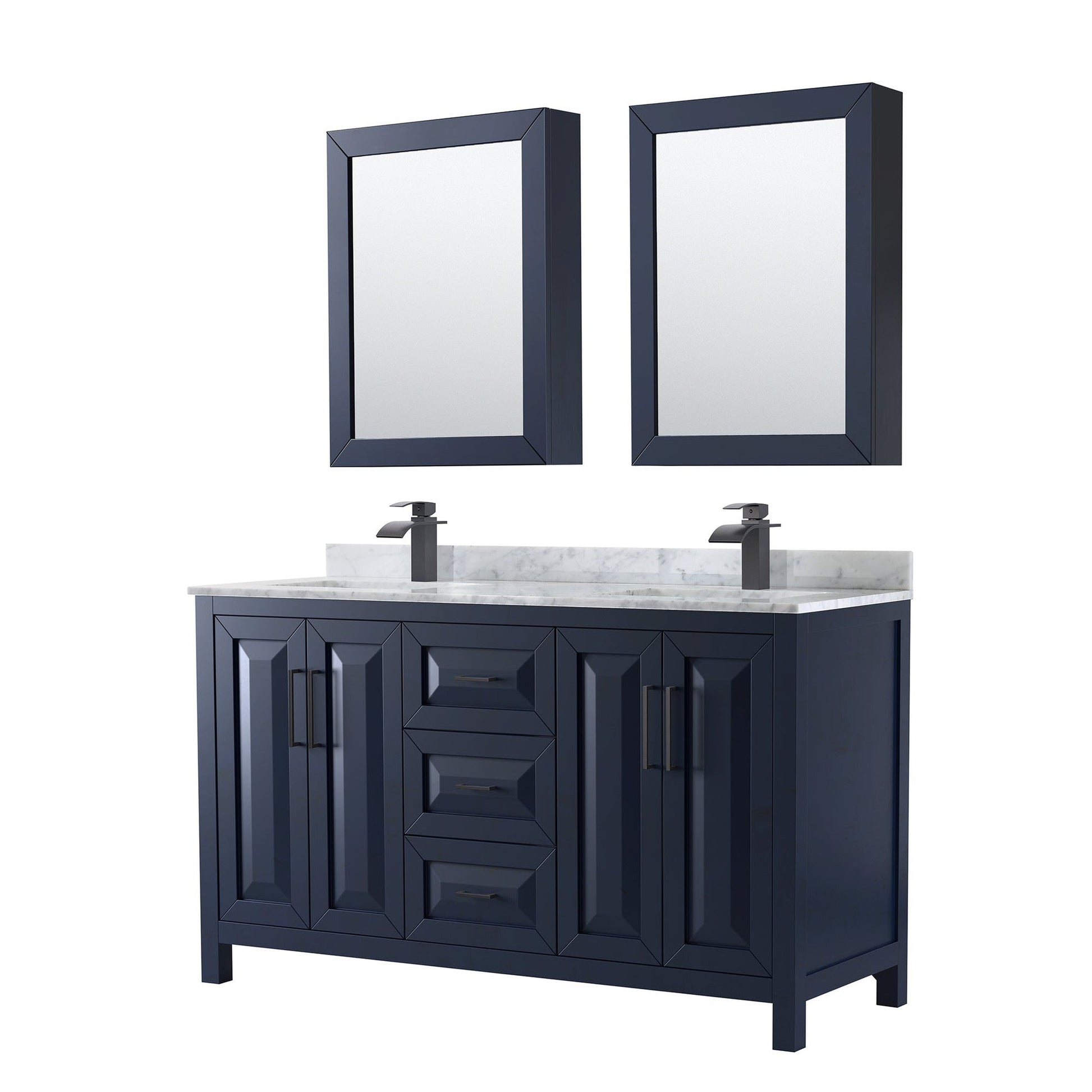 Wyndham Collection Daria 60" Double Bathroom Vanity in Dark Blue, White Carrara Marble Countertop, Undermount Square Sinks, Matte Black Trim, Medicine Cabinets