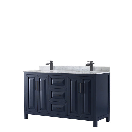 Wyndham Collection Daria 60" Double Bathroom Vanity in Dark Blue, White Carrara Marble Countertop, Undermount Square Sinks, Matte Black Trim