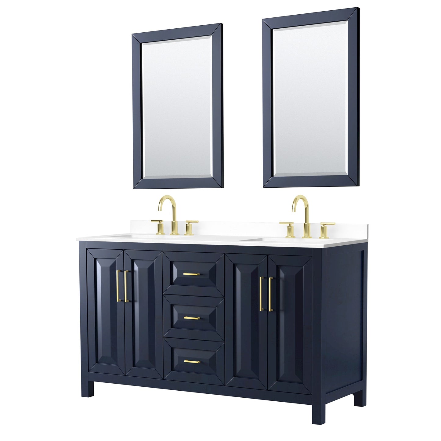 Wyndham Collection Daria 60" Double Bathroom Vanity in Dark Blue, White Cultured Marble Countertop, Undermount Square Sinks (3-Hole), Brushed Gold Trim, 24" Mirrors