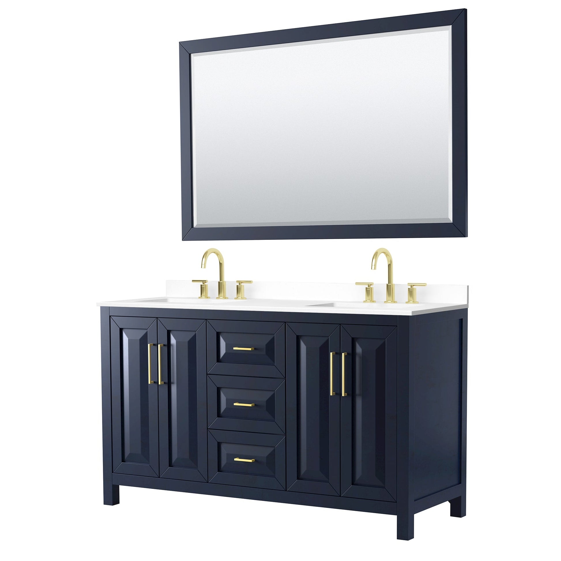 Wyndham Collection Daria 60" Double Bathroom Vanity in Dark Blue, White Cultured Marble Countertop, Undermount Square Sinks (3-Hole), Brushed Gold Trim, 58" Mirror