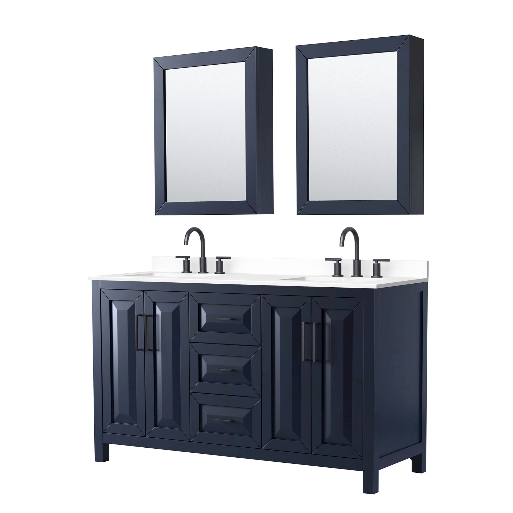 Wyndham Collection Daria 60" Double Bathroom Vanity in Dark Blue, White Cultured Marble Countertop, Undermount Square Sinks (3-Hole), Matte Black Trim, Medicine Cabinets
