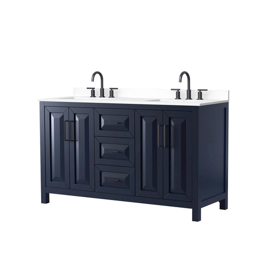 Wyndham Collection Daria 60" Double Bathroom Vanity in Dark Blue, White Cultured Marble Countertop, Undermount Square Sinks (3-Hole), Matte Black Trim
