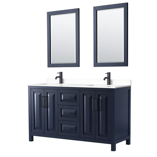Wyndham Collection Daria 60" Double Bathroom Vanity in Dark Blue, White Cultured Marble Countertop, Undermount Square Sinks, Matte Black Trim, 24" Mirrors