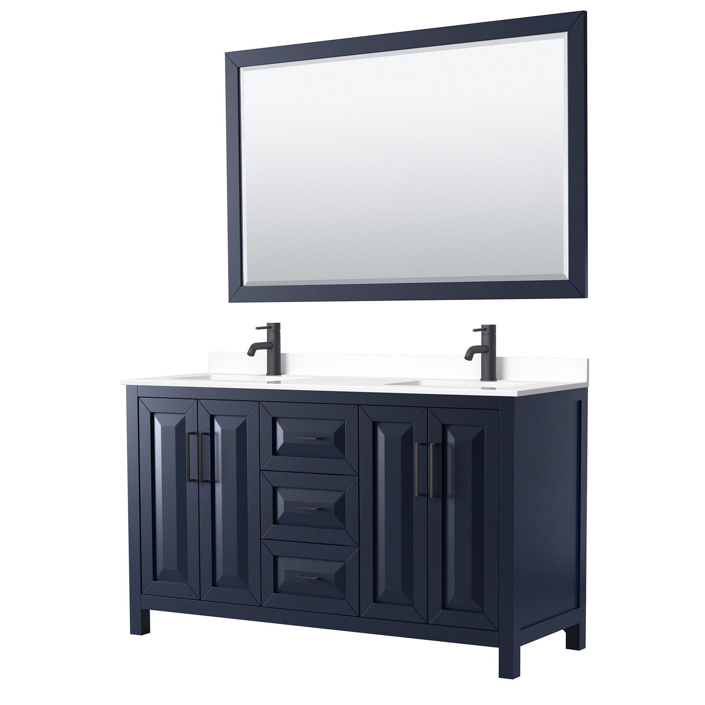 Wyndham Collection Daria 60" Double Bathroom Vanity in Dark Blue, White Cultured Marble Countertop, Undermount Square Sinks, Matte Black Trim, 58" Mirror