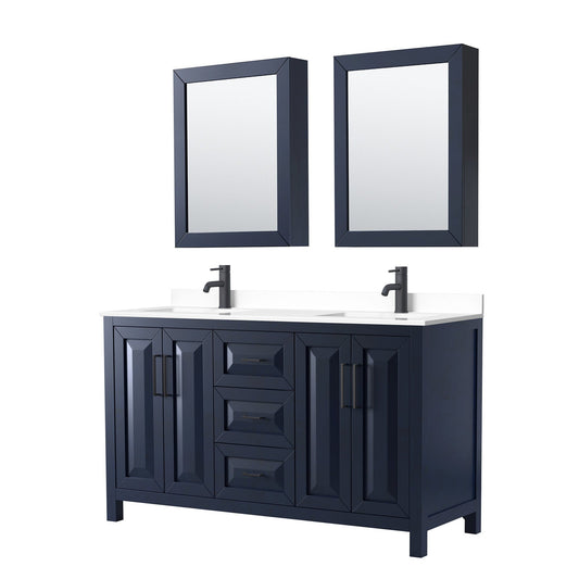 Wyndham Collection Daria 60" Double Bathroom Vanity in Dark Blue, White Cultured Marble Countertop, Undermount Square Sinks, Matte Black Trim, Medicine Cabinets