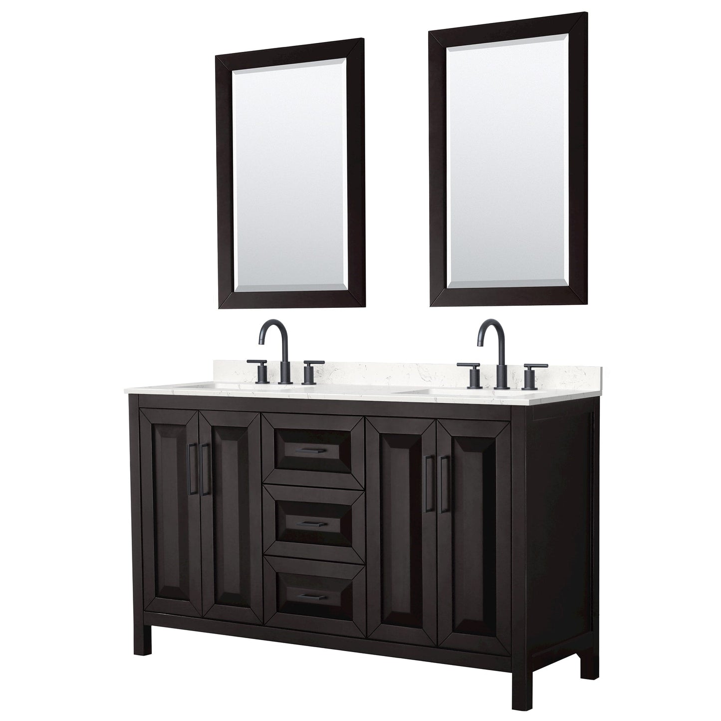 Wyndham Collection Daria 60" Double Bathroom Vanity in Dark Espresso, Carrara Cultured Marble Countertop, Undermount Square Sinks (3-Hole), Matte Black Trim, 24" Mirrors