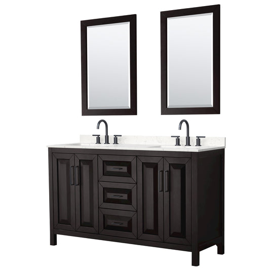 Wyndham Collection Daria 60" Double Bathroom Vanity in Dark Espresso, Carrara Cultured Marble Countertop, Undermount Square Sinks (3-Hole), Matte Black Trim, 24" Mirrors