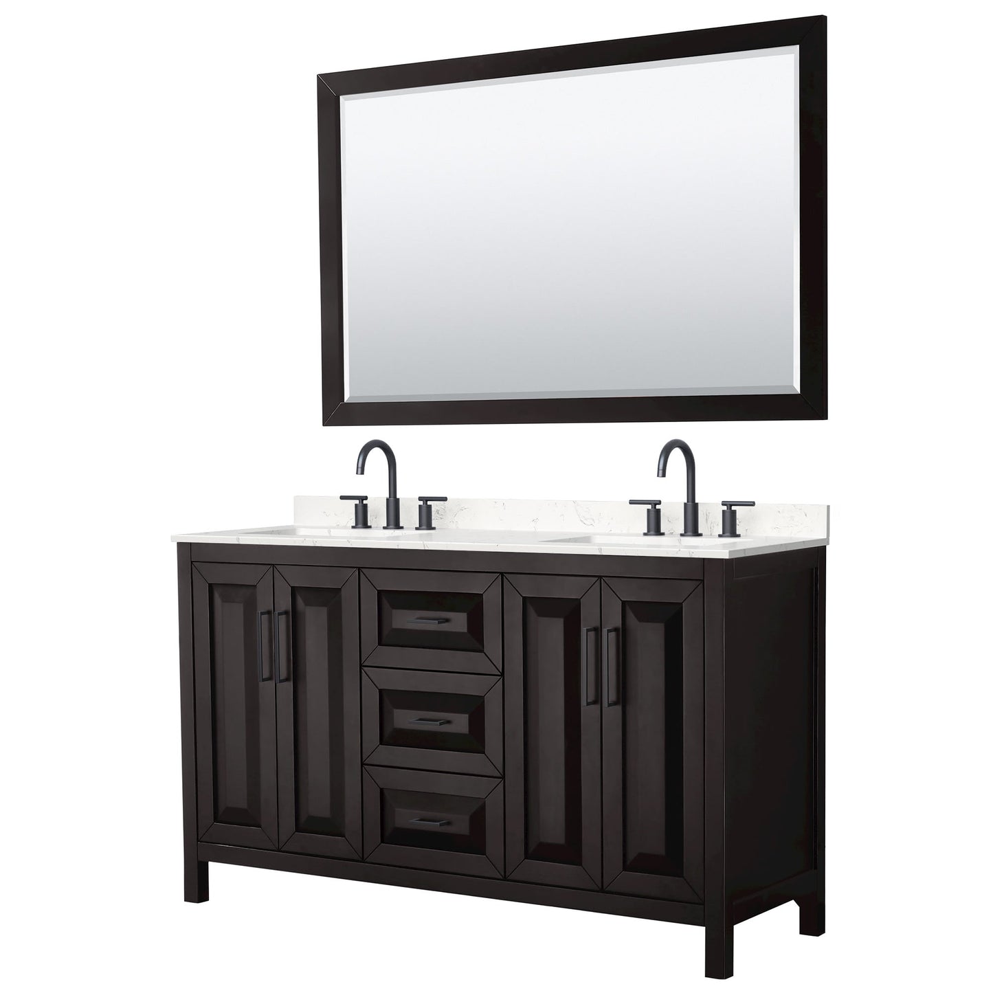 Wyndham Collection Daria 60" Double Bathroom Vanity in Dark Espresso, Carrara Cultured Marble Countertop, Undermount Square Sinks (3-Hole), Matte Black Trim, 58" Mirror