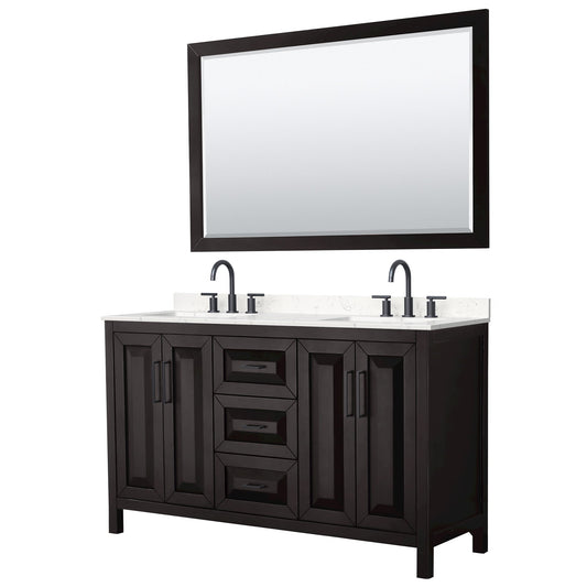 Wyndham Collection Daria 60" Double Bathroom Vanity in Dark Espresso, Carrara Cultured Marble Countertop, Undermount Square Sinks (3-Hole), Matte Black Trim, 58" Mirror