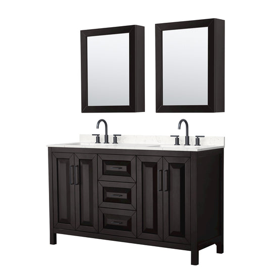 Wyndham Collection Daria 60" Double Bathroom Vanity in Dark Espresso, Carrara Cultured Marble Countertop, Undermount Square Sinks (3-Hole), Matte Black Trim, Medicine Cabinets
