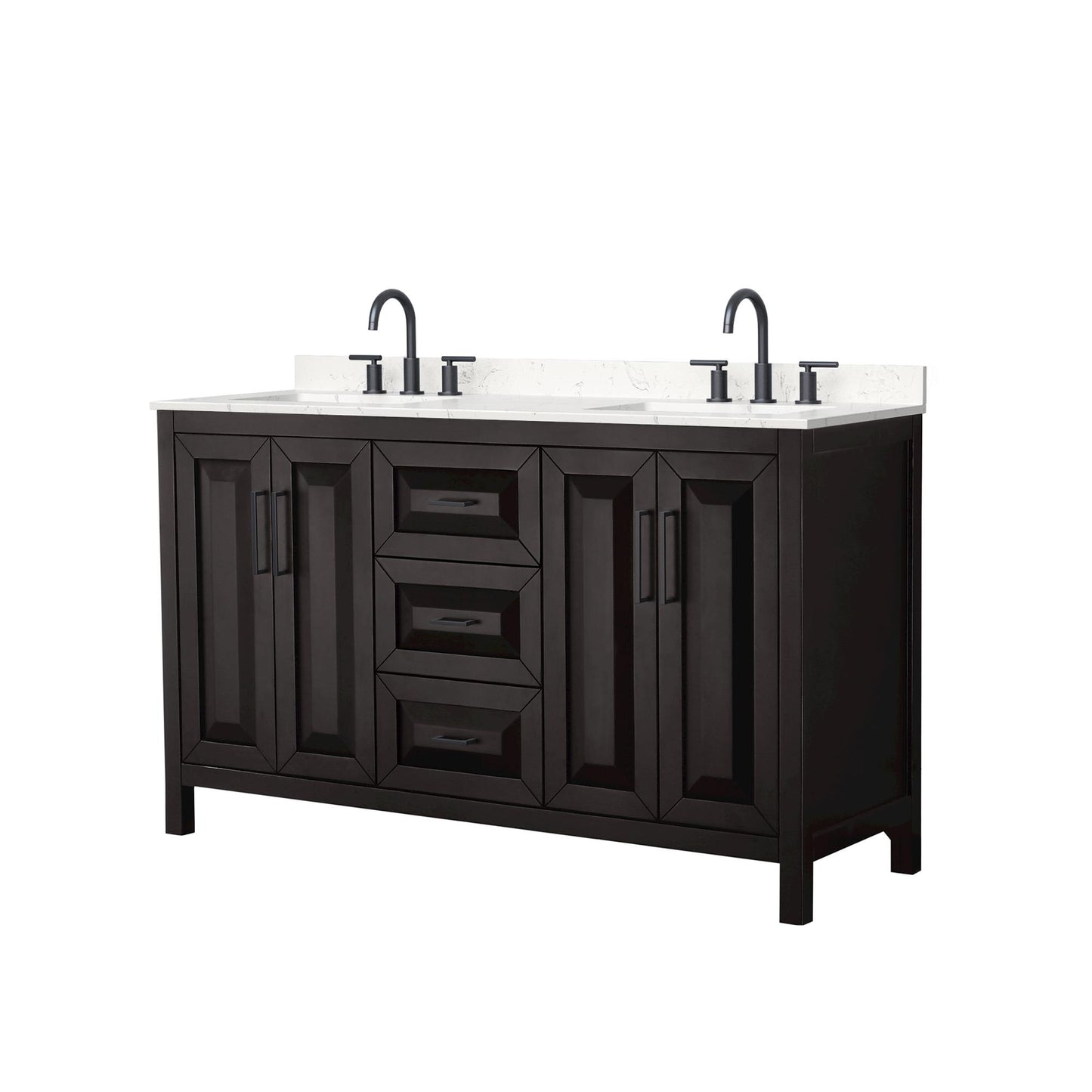 Wyndham Collection Daria 60" Double Bathroom Vanity in Dark Espresso, Carrara Cultured Marble Countertop, Undermount Square Sinks (3-Hole), Matte Black Trim