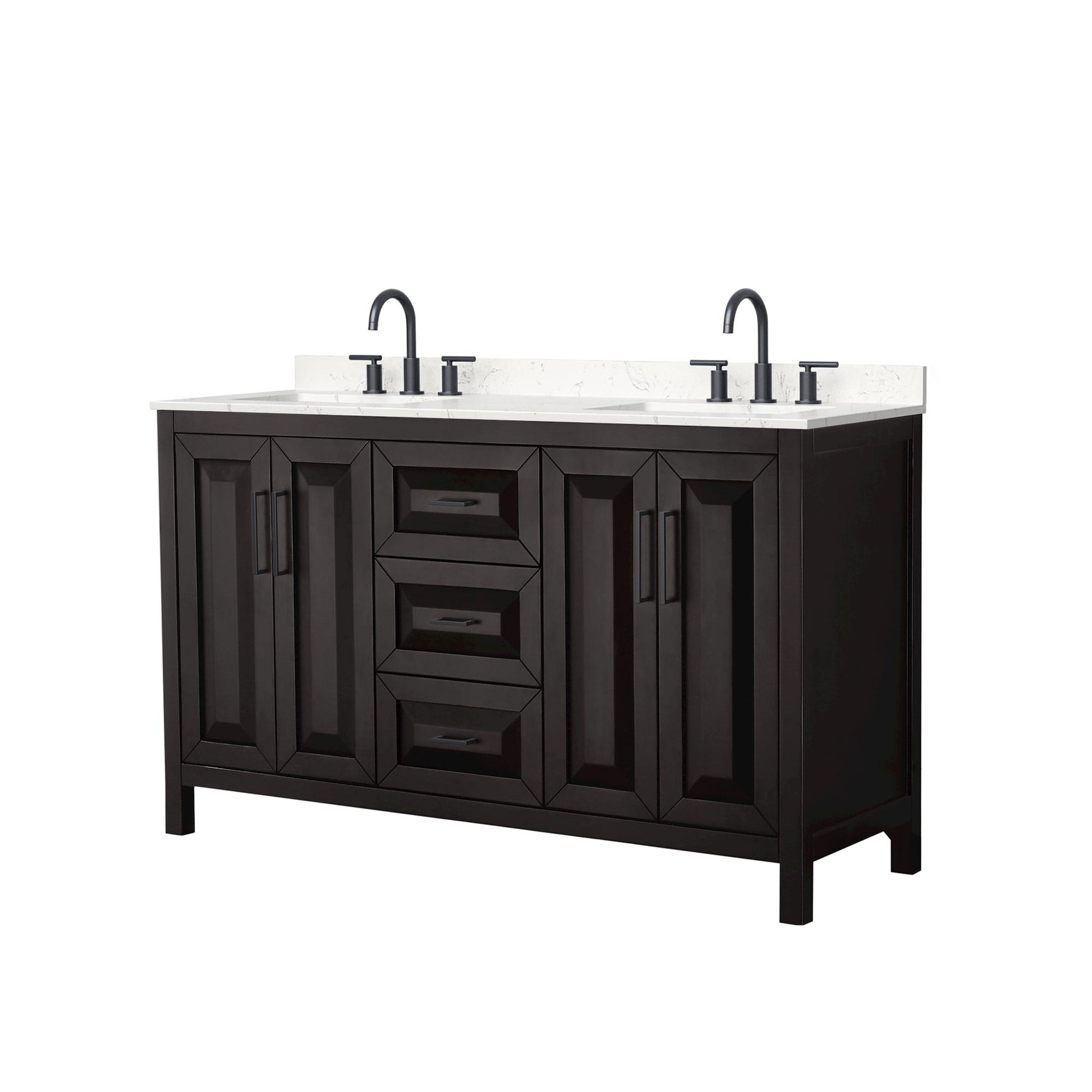 Wyndham Collection Daria 60" Double Bathroom Vanity in Dark Espresso, Carrara Cultured Marble Countertop, Undermount Square Sinks (3-Hole), Matte Black Trim