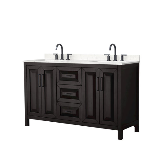 Wyndham Collection Daria 60" Double Bathroom Vanity in Dark Espresso, Carrara Cultured Marble Countertop, Undermount Square Sinks (3-Hole), Matte Black Trim