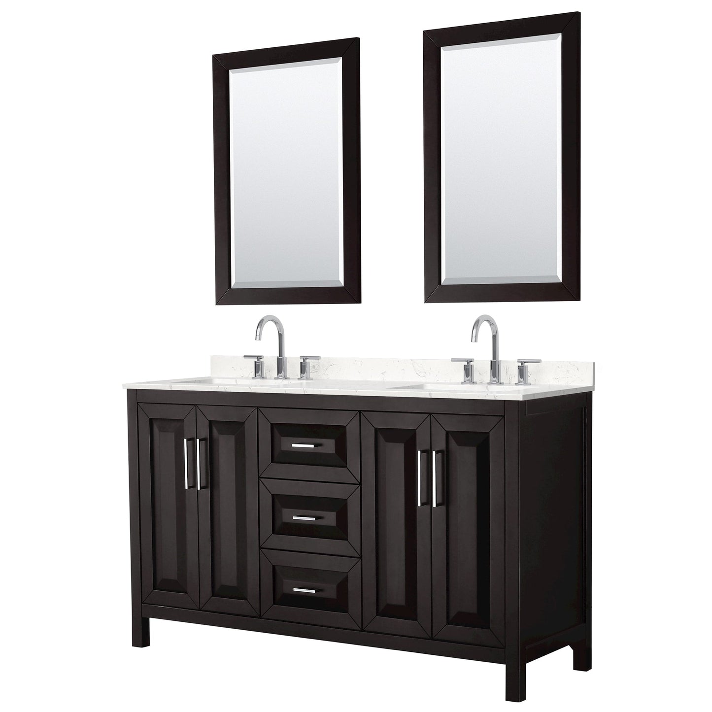Wyndham Collection Daria 60" Double Bathroom Vanity in Dark Espresso, Carrara Cultured Marble Countertop, Undermount Square Sinks (3-Hole), Polished Chrome Trim, 24" Mirrors