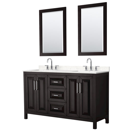 Wyndham Collection Daria 60" Double Bathroom Vanity in Dark Espresso, Carrara Cultured Marble Countertop, Undermount Square Sinks (3-Hole), Polished Chrome Trim, 24" Mirrors