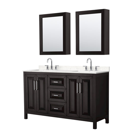 Wyndham Collection Daria 60" Double Bathroom Vanity in Dark Espresso, Carrara Cultured Marble Countertop, Undermount Square Sinks (3-Hole), Polished Chrome Trim, Medicine Cabinets