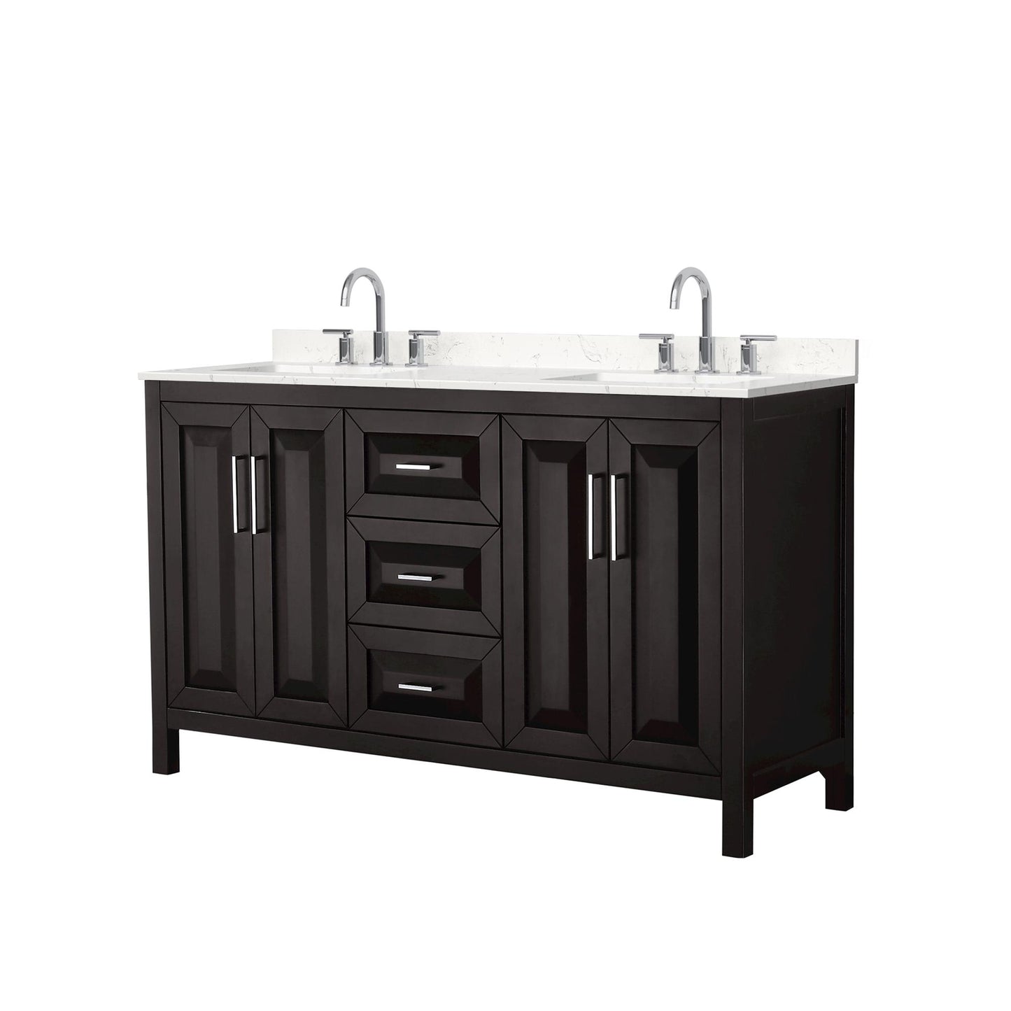 Wyndham Collection Daria 60" Double Bathroom Vanity in Dark Espresso, Carrara Cultured Marble Countertop, Undermount Square Sinks (3-Hole), Polished Chrome Trim