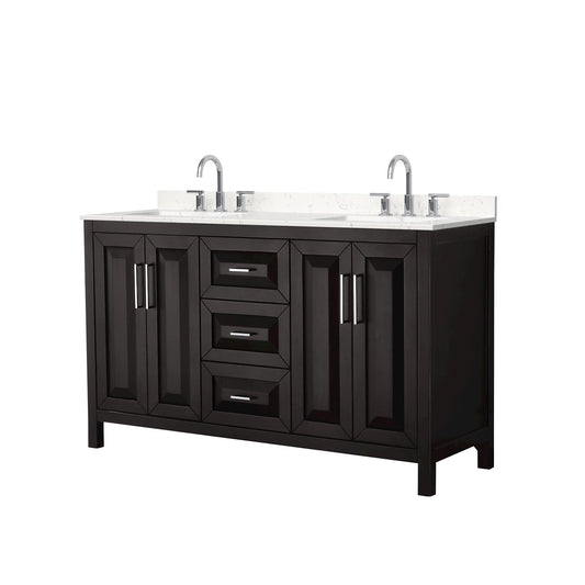 Wyndham Collection Daria 60" Double Bathroom Vanity in Dark Espresso, Carrara Cultured Marble Countertop, Undermount Square Sinks (3-Hole), Polished Chrome Trim