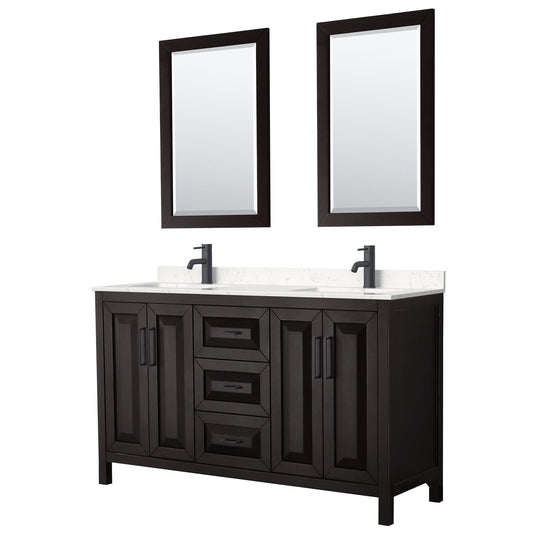 Wyndham Collection Daria 60" Double Bathroom Vanity in Dark Espresso, Carrara Cultured Marble Countertop, Undermount Square Sinks, Matte Black Trim, 24" Mirrors