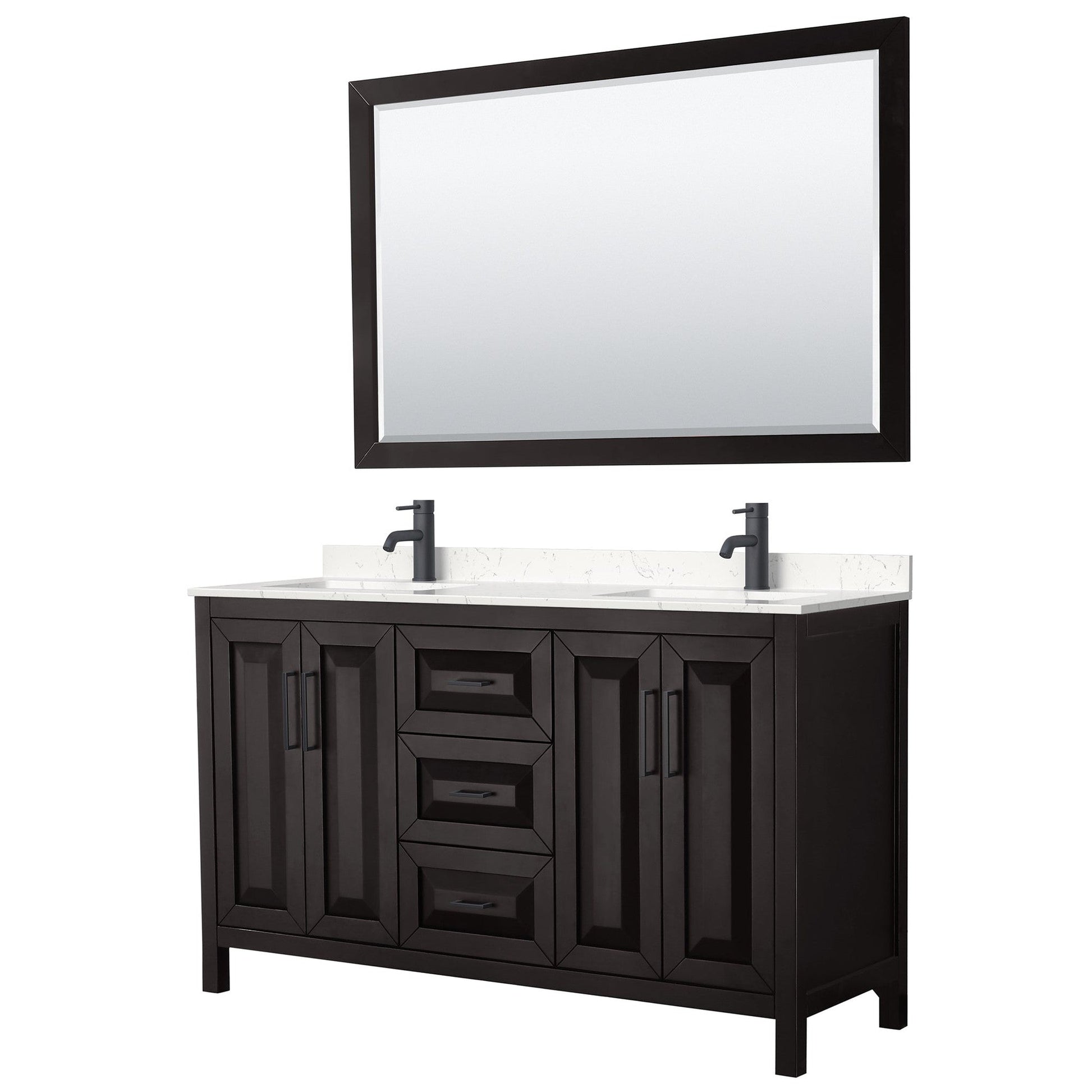 Wyndham Collection Daria 60" Double Bathroom Vanity in Dark Espresso, Carrara Cultured Marble Countertop, Undermount Square Sinks, Matte Black Trim, 58" Mirror