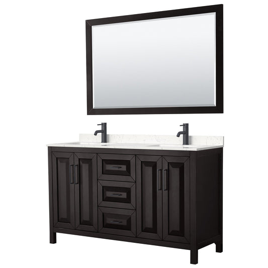 Wyndham Collection Daria 60" Double Bathroom Vanity in Dark Espresso, Carrara Cultured Marble Countertop, Undermount Square Sinks, Matte Black Trim, 58" Mirror
