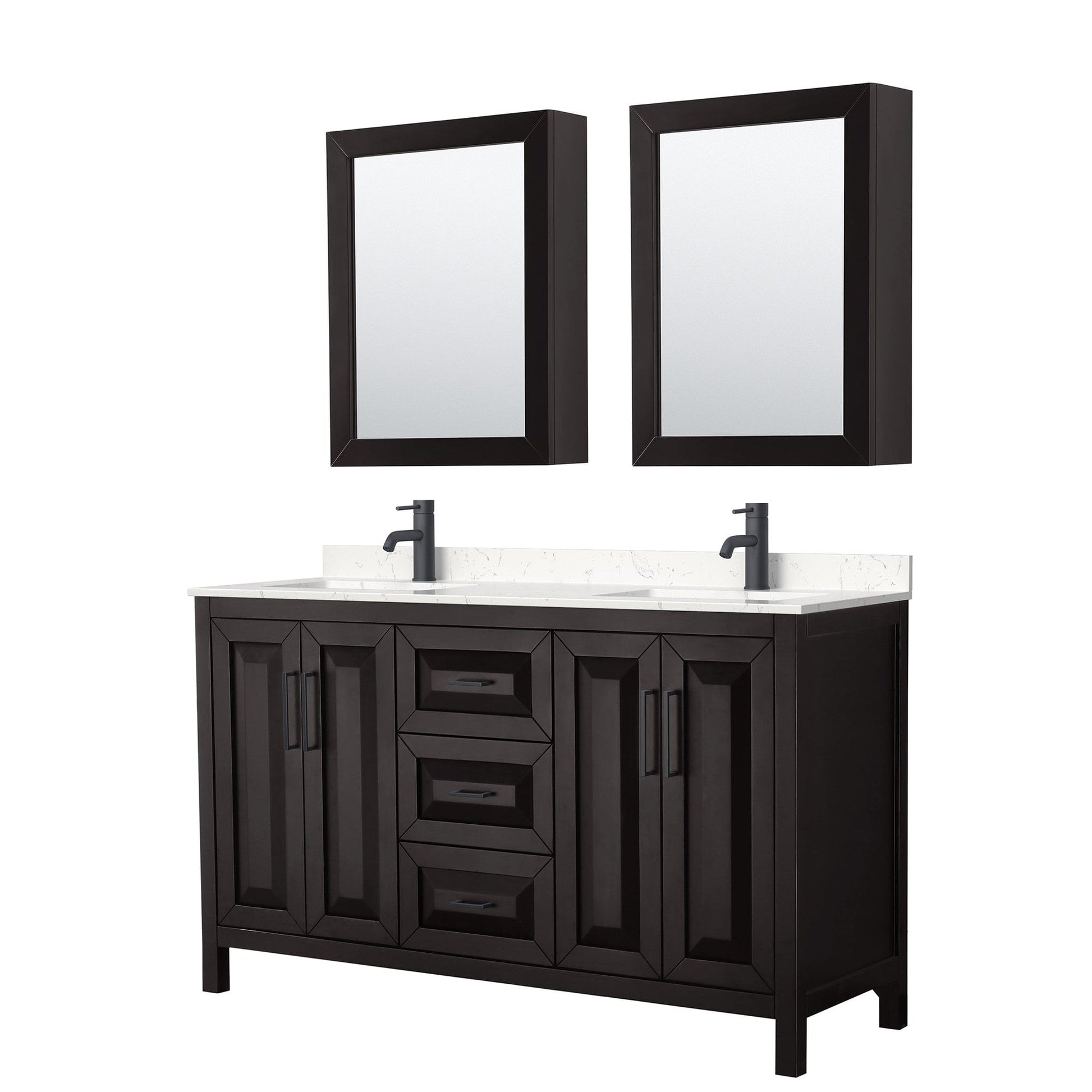 Wyndham Collection Daria 60" Double Bathroom Vanity in Dark Espresso, Carrara Cultured Marble Countertop, Undermount Square Sinks, Matte Black Trim, Medicine Cabinets