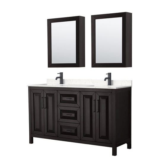 Wyndham Collection Daria 60" Double Bathroom Vanity in Dark Espresso, Carrara Cultured Marble Countertop, Undermount Square Sinks, Matte Black Trim, Medicine Cabinets
