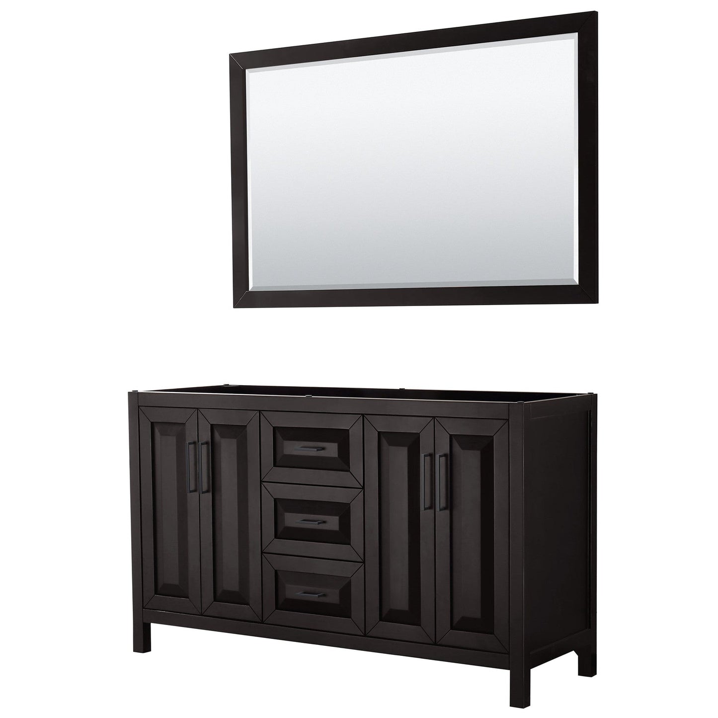 Wyndham Collection Daria 60" Double Bathroom Vanity in Dark Espresso, No Countertop, No Sink, Matte Black Trim, 58" Mirror
