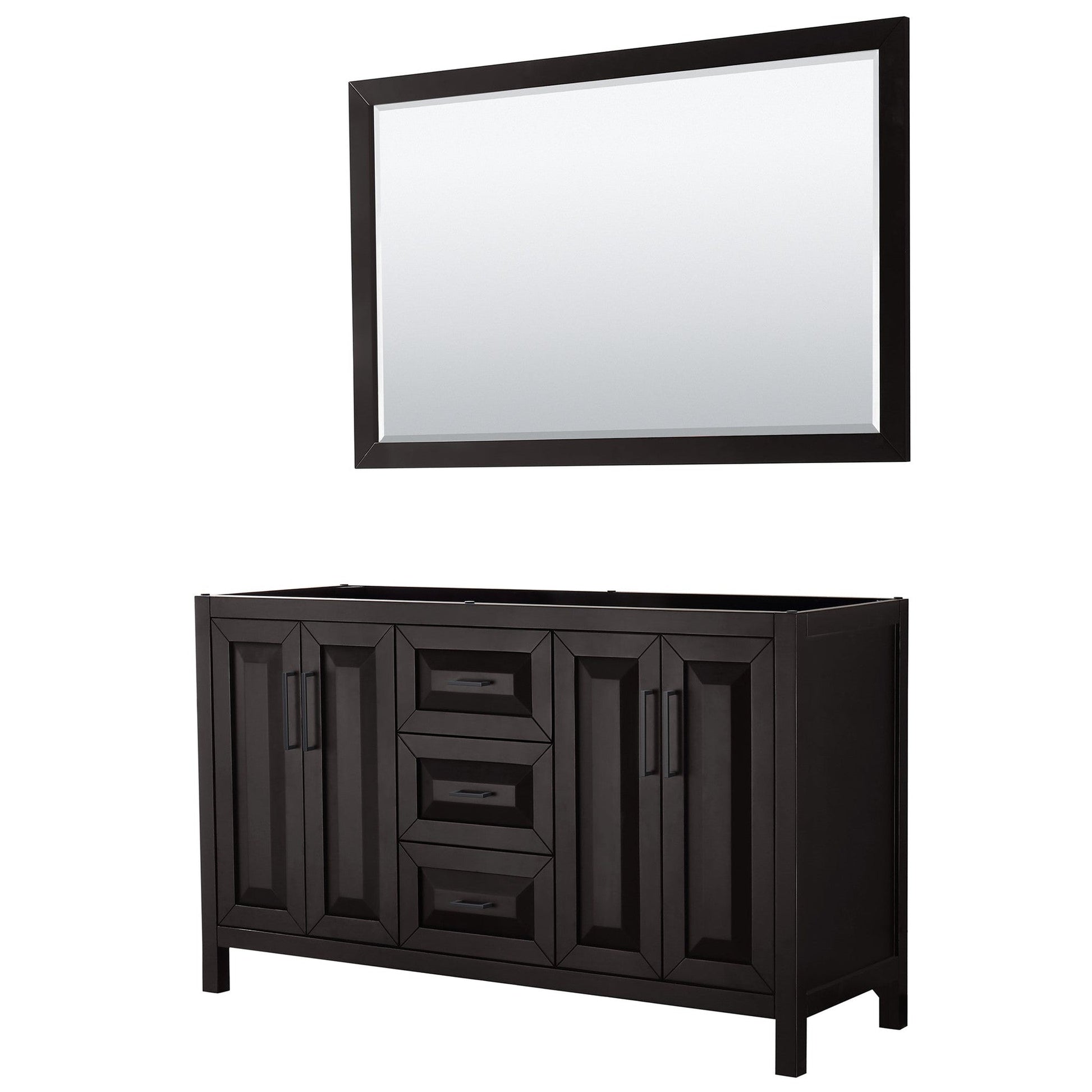Wyndham Collection Daria 60" Double Bathroom Vanity in Dark Espresso, No Countertop, No Sink, Matte Black Trim, 58" Mirror