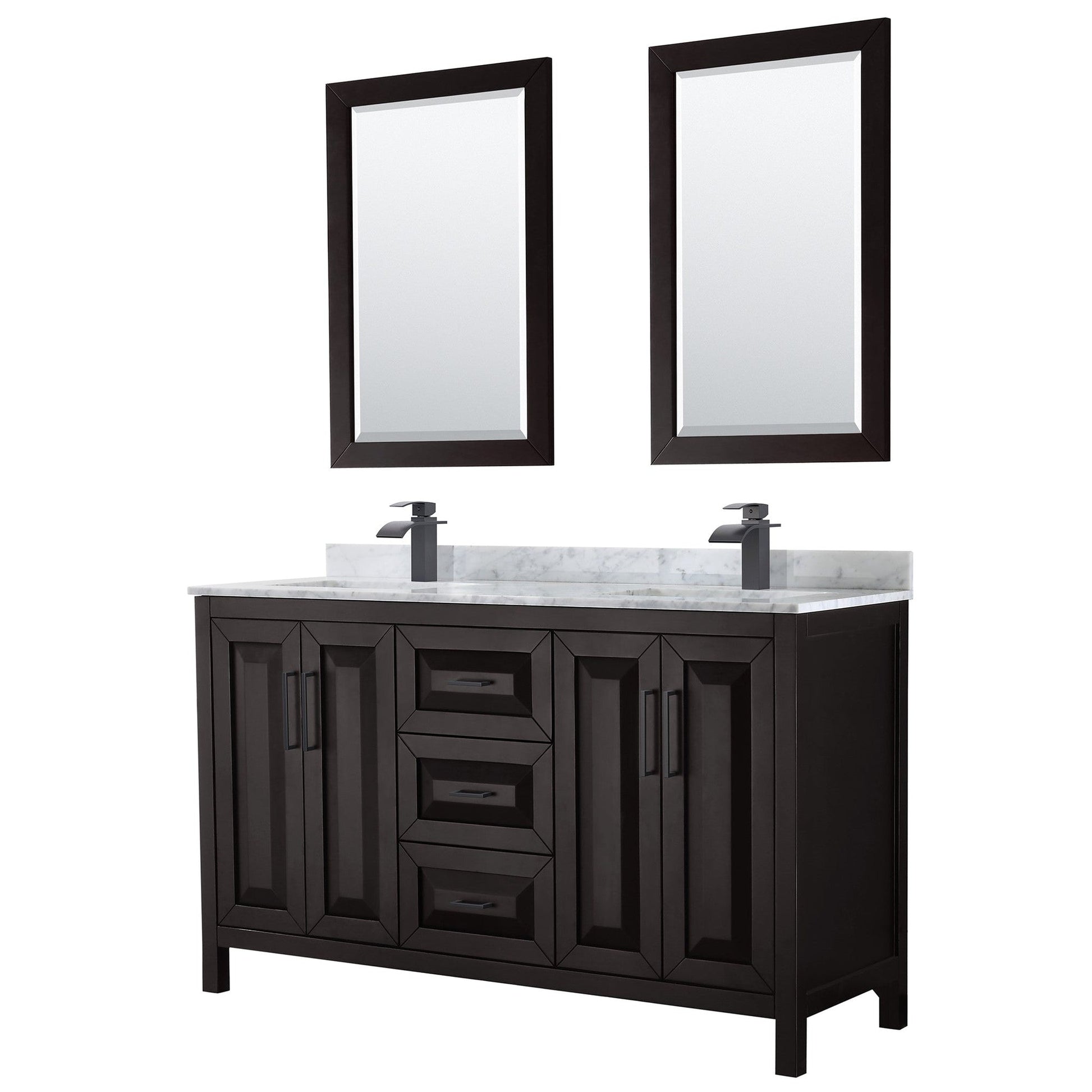 Wyndham Collection Daria 60" Double Bathroom Vanity in Dark Espresso, White Carrara Marble Countertop, Undermount Square Sinks, Matte Black Trim, 24" Mirrors