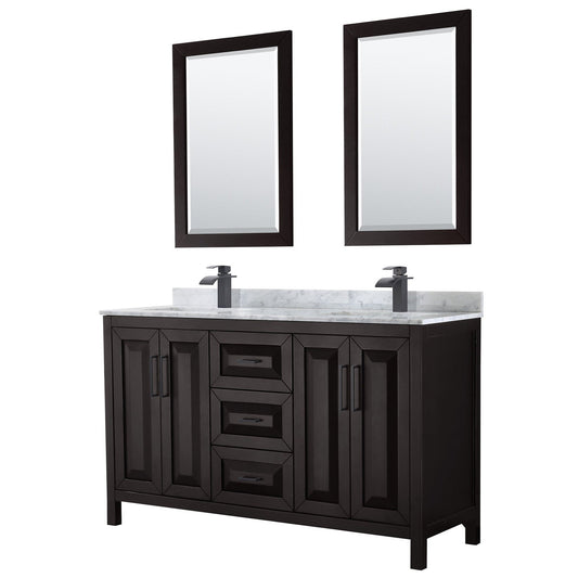 Wyndham Collection Daria 60" Double Bathroom Vanity in Dark Espresso, White Carrara Marble Countertop, Undermount Square Sinks, Matte Black Trim, 24" Mirrors