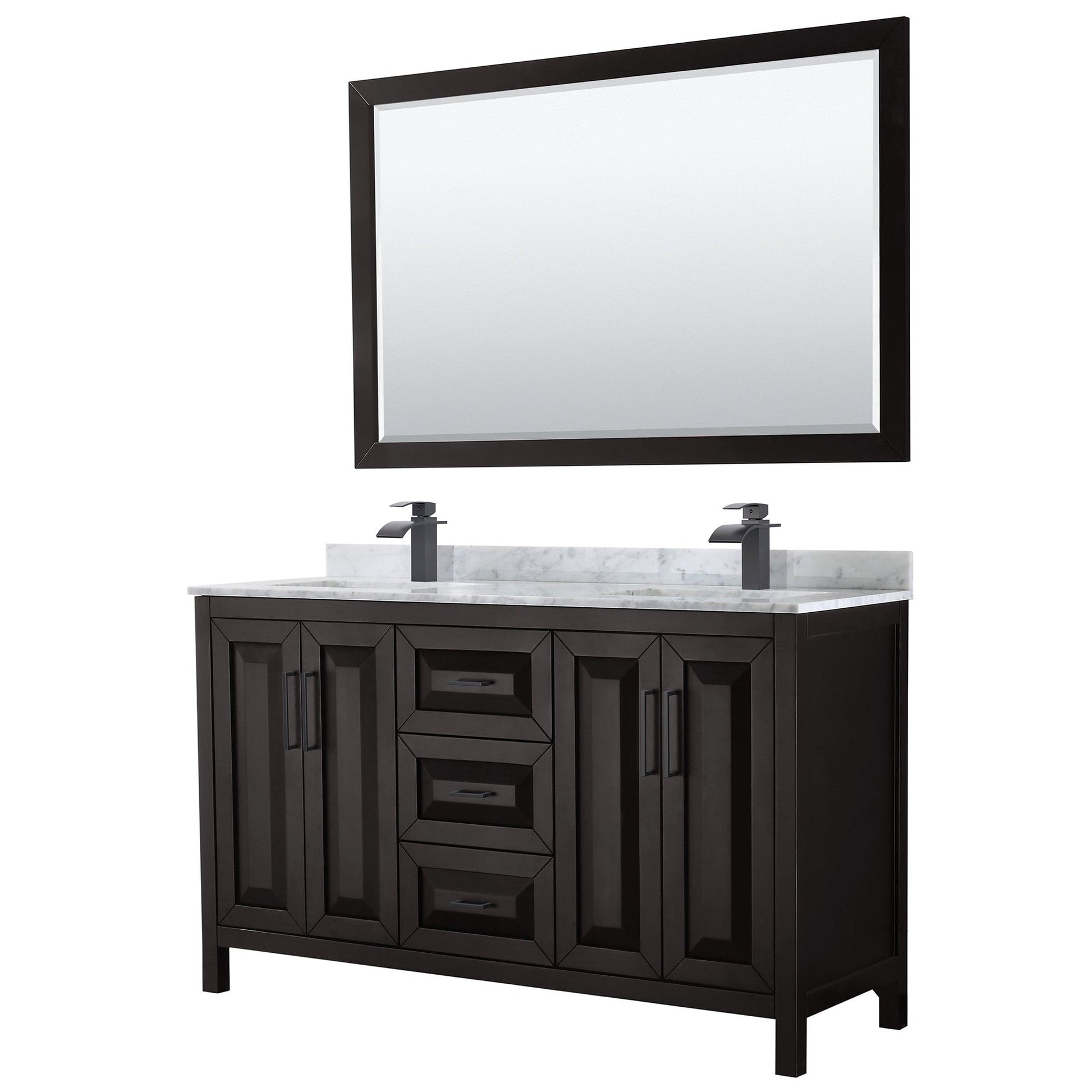Wyndham Collection Daria 60" Double Bathroom Vanity in Dark Espresso, White Carrara Marble Countertop, Undermount Square Sinks, Matte Black Trim, 58" Mirror