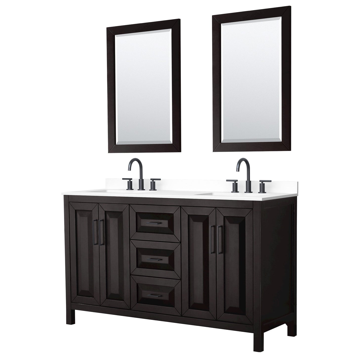 Wyndham Collection Daria 60" Double Bathroom Vanity in Dark Espresso, White Cultured Marble Countertop, Undermount Square Sinks (3-Hole), Matte Black Trim, 24" Mirrors