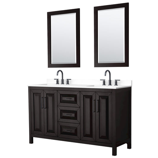Wyndham Collection Daria 60" Double Bathroom Vanity in Dark Espresso, White Cultured Marble Countertop, Undermount Square Sinks (3-Hole), Matte Black Trim, 24" Mirrors