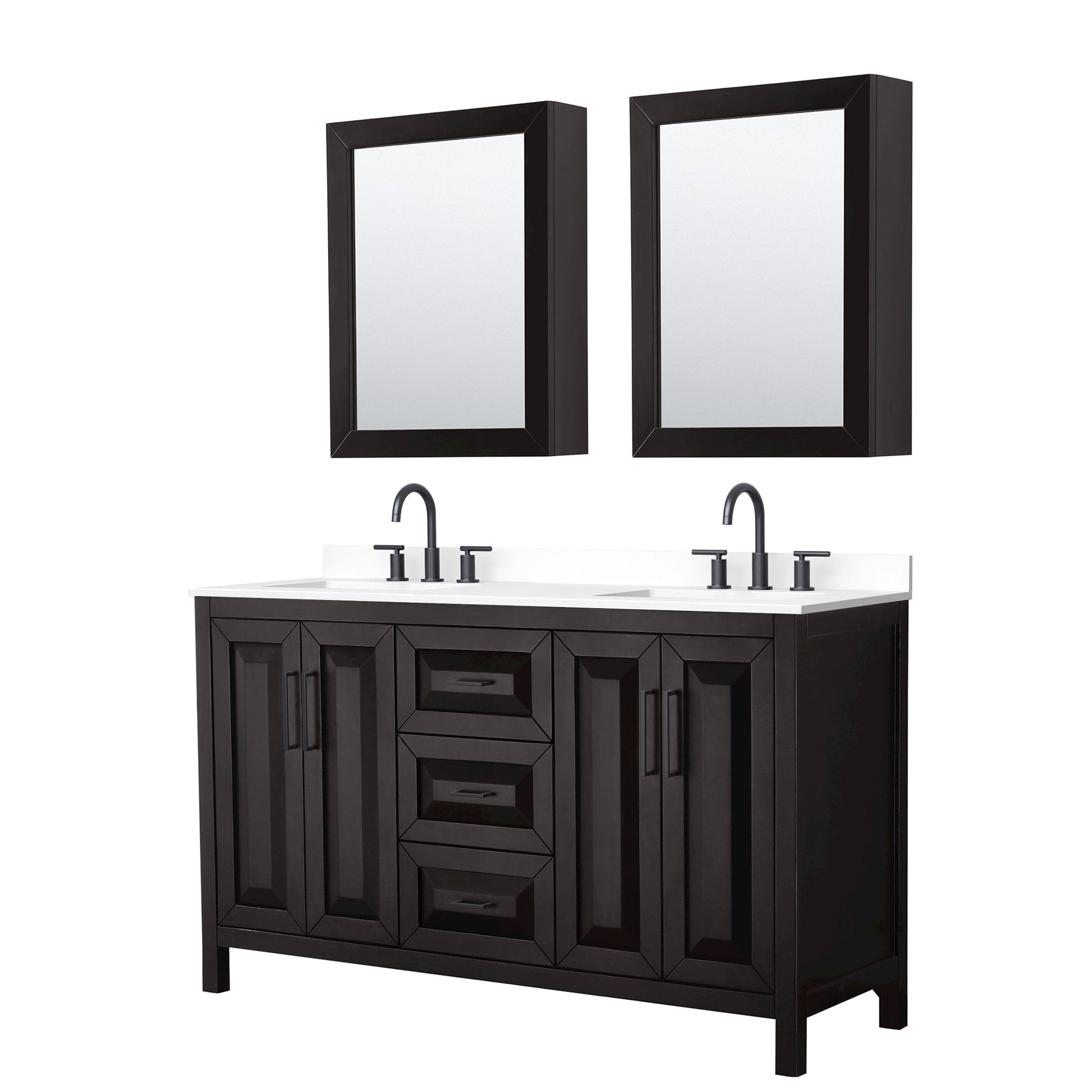 Wyndham Collection Daria 60" Double Bathroom Vanity in Dark Espresso, White Cultured Marble Countertop, Undermount Square Sinks (3-Hole), Matte Black Trim, Medicine Cabinets