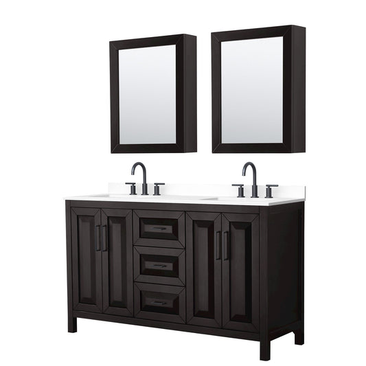 Wyndham Collection Daria 60" Double Bathroom Vanity in Dark Espresso, White Cultured Marble Countertop, Undermount Square Sinks (3-Hole), Matte Black Trim, Medicine Cabinets
